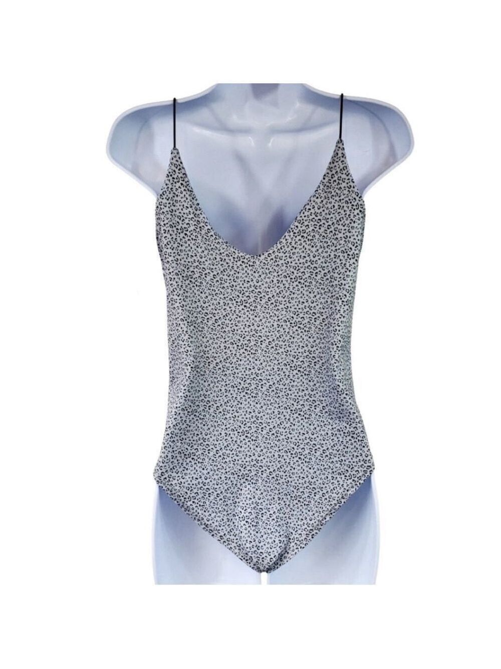Gaze Gray Black Leopard Print Bodysuit Spaghetti Strap Stretch Fitted Small - Picture 7 of 15